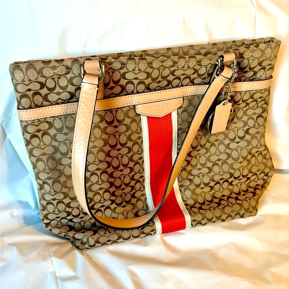 ✨ COACH SIGNATURE STRIPE JACQUARD TOTE BAG PURSE | F27008 KHAKI HOT ORANGE | 👜✨